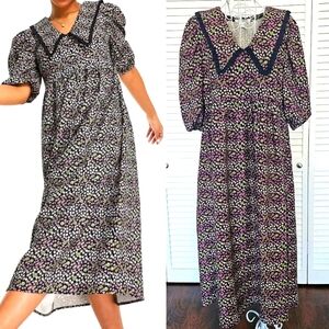 NWOT Glamorous Floral Puff Sleeve Peter Pan Oversized Collar V-neck Dress Size10